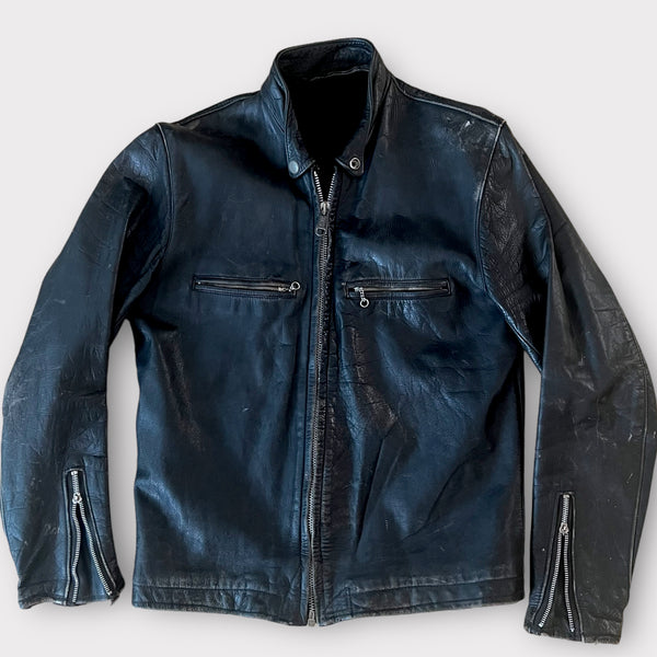 1960s Vintage Black Leather Cafe Motorcycle Jacket