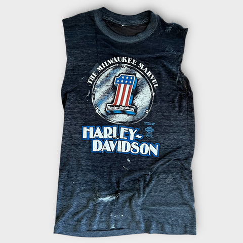 1980's Harley Davidson Motorcycle 3D Emblem Wyoming Valley Vintage Cut Off Tee Shirt